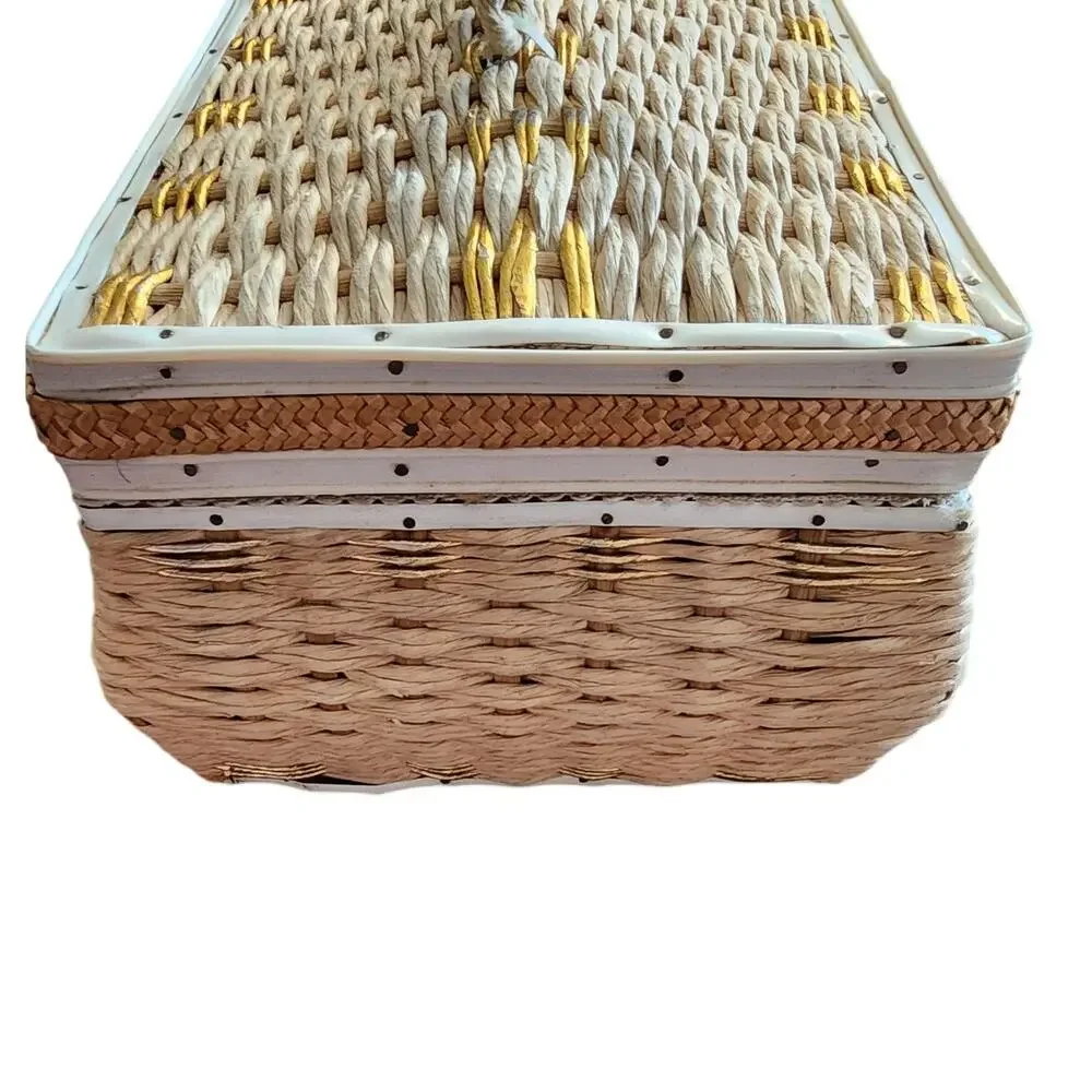 Vintage Natural Woven Fiber Woven Sewing Basket Lined Interior Box
